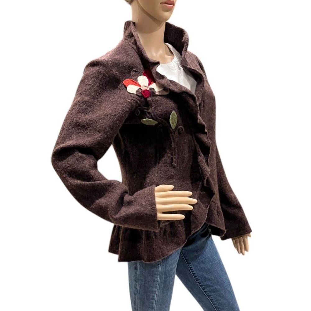 CYNTHIA ROWLEY 100% Wool Ruffle Felted Floral Design Cardigan Jacket Brown Sz M - Picture 3 of 8